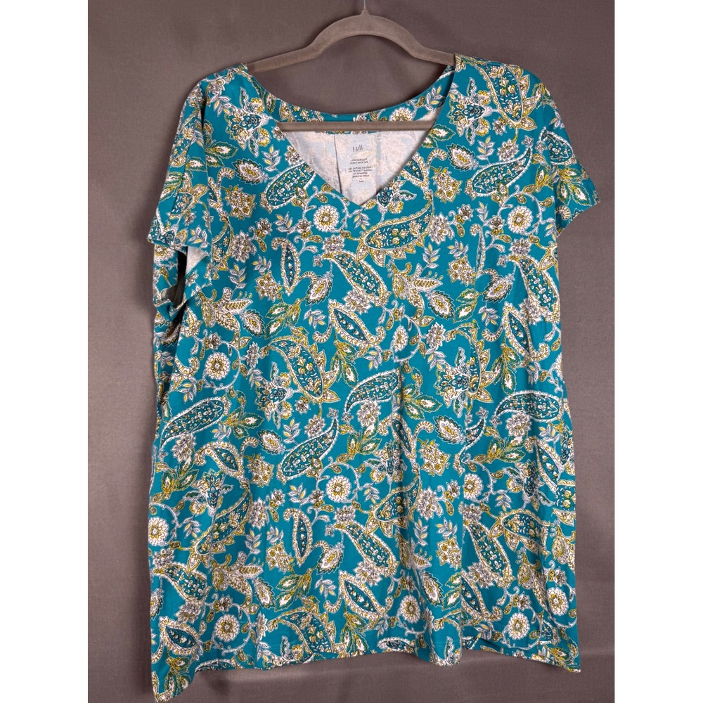J. Jill Pleat-Back Tee Women L Tall Teal Paisley Luxe Supima V-Neck Top